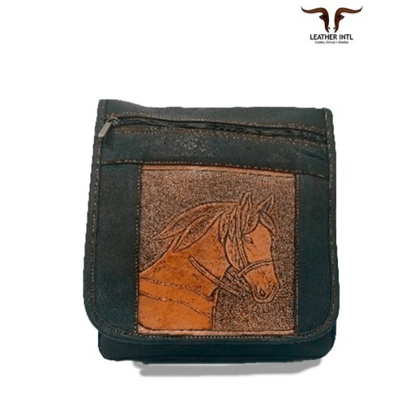 Bolso manos libres con imagen en cuero de caballo grande para caballero color café y negro en cuero