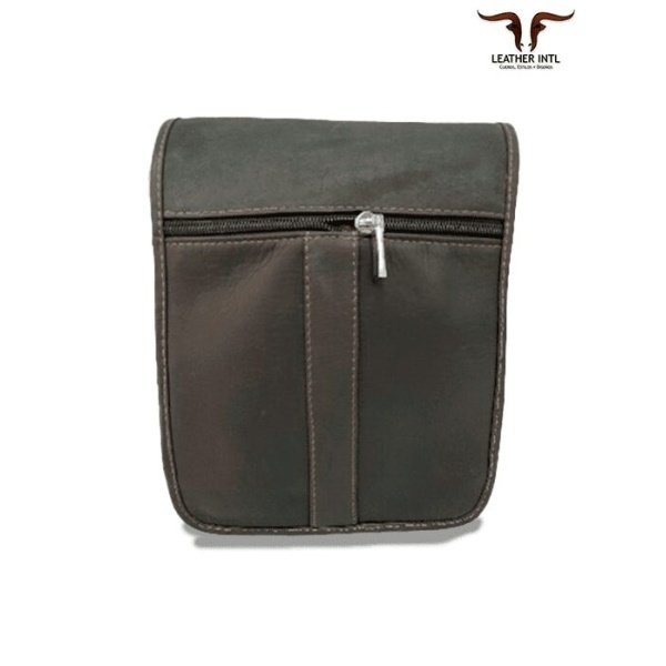 Bolso manos libres para caballero con línea en cuero en la tapa 100 % cuero color negro, café hoja seca