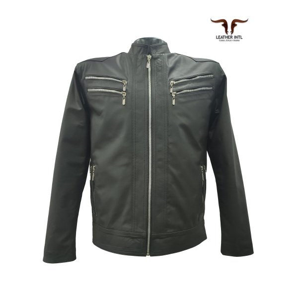 Chaqueta elegante en cuero caballero cremalleras
