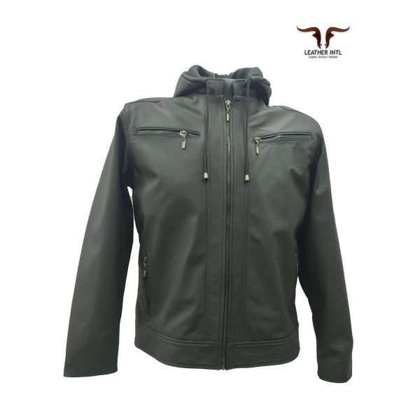 Chaqueta elegante en cuero caballero capota removible casual