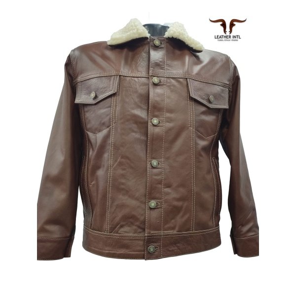Chaqueta elegante en cuero Tipo Levis con cuello ovejero