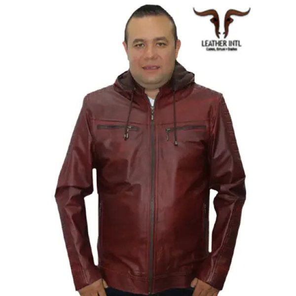 Chaqueta en cuero original vino tinto puños de lana