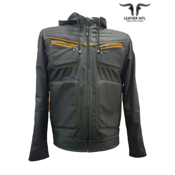 Chaqueta en cuero napa negra y naranja