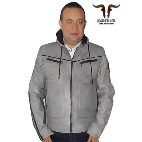 Chaqueta en cuero original gris con capota