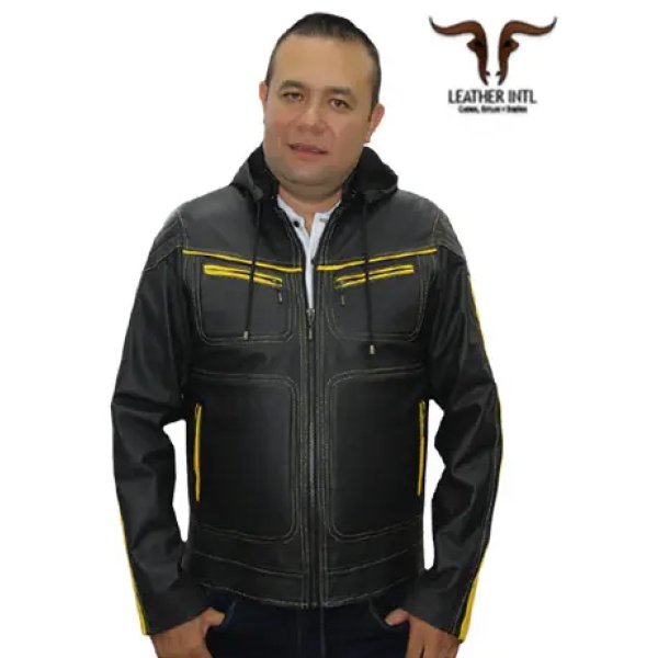 Chaqueta en cuero original negra con líneas amarillas