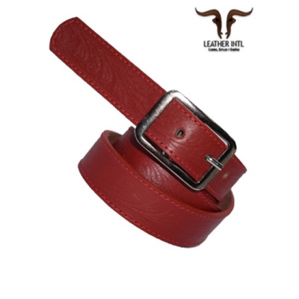 Correa en cuero fino, color rojo, para dama marcada y con costuras los lados, de 3cm